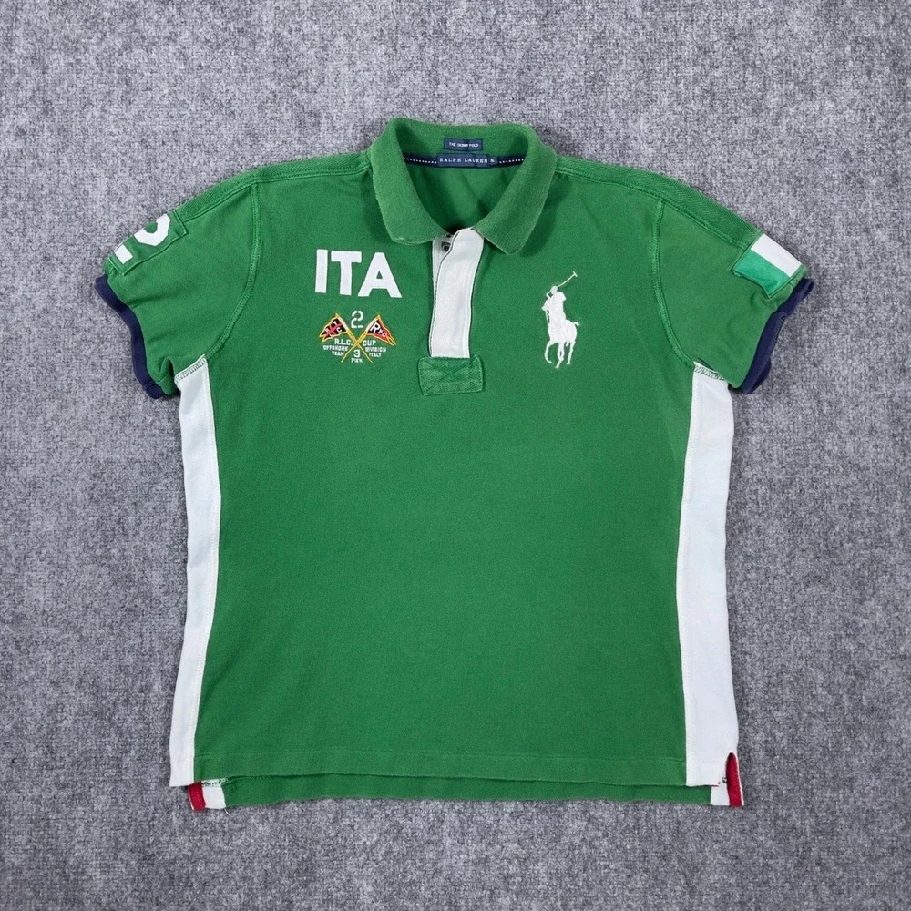 Vintage Ralph Lauren Polo Shirt XL Green Italy Big Pony Skinny Fit Short Sleeve